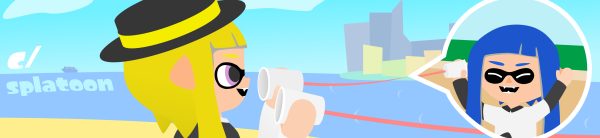 A banner where 2 inklings are talking very far away from each other using paper cups.