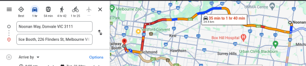 Google maps for Doncaster to Melbourne CBD commute