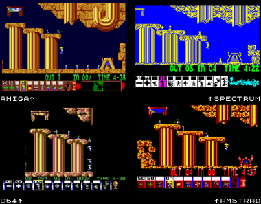 Screenshots from home computer ports of Lemmings.
