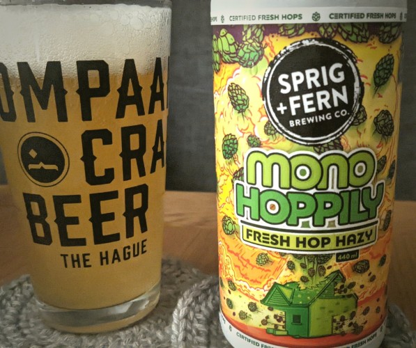 Craft beer can Sprig & Fern MonoHoppily on the right, poured beer on the left.