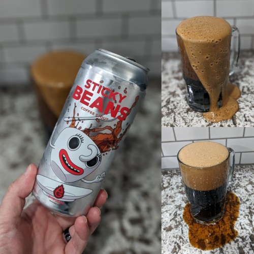 Collage
Left: A Caucasian hand holding a can of beer. Label has an animated coffee cup. Beer in background.
Right top: Black beer with brown head overflowing from glass.
Right bottom: Black beer in glass with black beer puddle on counter.