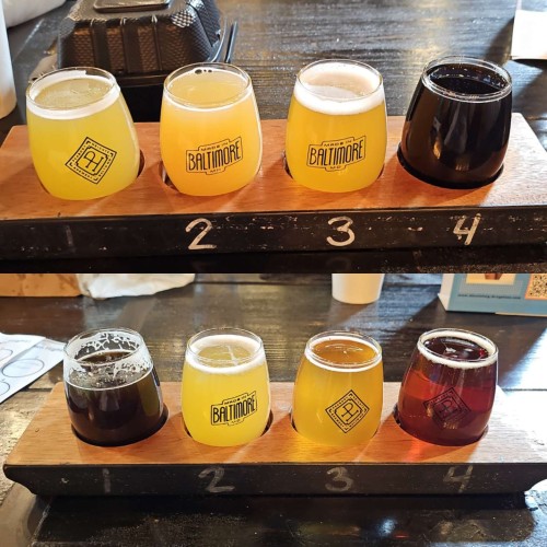 Image shows 2 different flights of 4 beers each. Top flight shows 3 hazy IPAs and a dunkel. The bottom flight shows a black IPA, 2 Belgian beers, and a barleywine. 