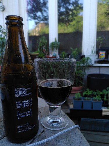 A bottle of stout and a glass with some of it in it, against a background with several green plants on a window sill.